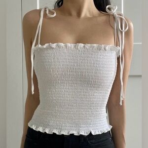 Reformation Ali Top White Smocked Tie Cropped Small